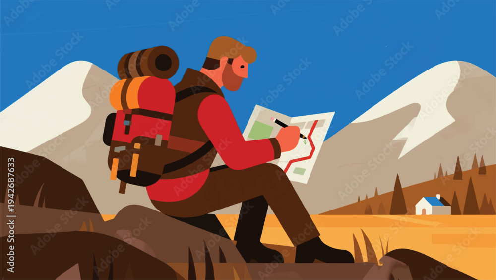 Fototapeta premium Illustration Of An Adventurer Sitting On A Rock While Marking A Route On A Map With A Pencil Vector Design Template