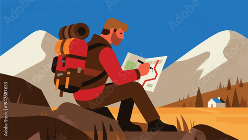 Illustration Of An Adventurer Sitting On A Rock While Marking A Route On A Map With A Pencil Vector Design Template