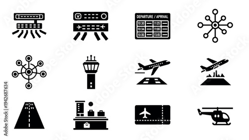 Airport travel icons set: silhouettes featuring flights, runways, and terminals