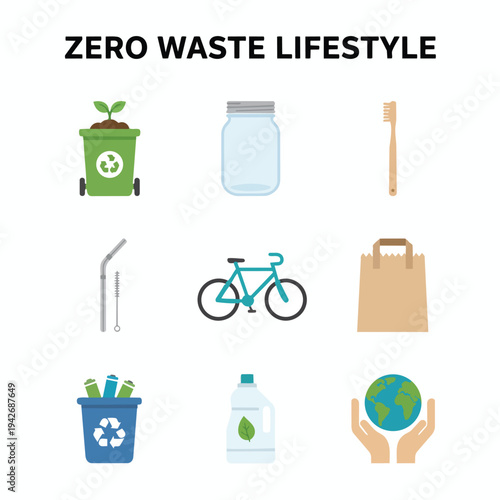 Zero waste lifestyle icons set promoting eco friendly habits and sustainable living for environmental protection and green energy flat vector illustration