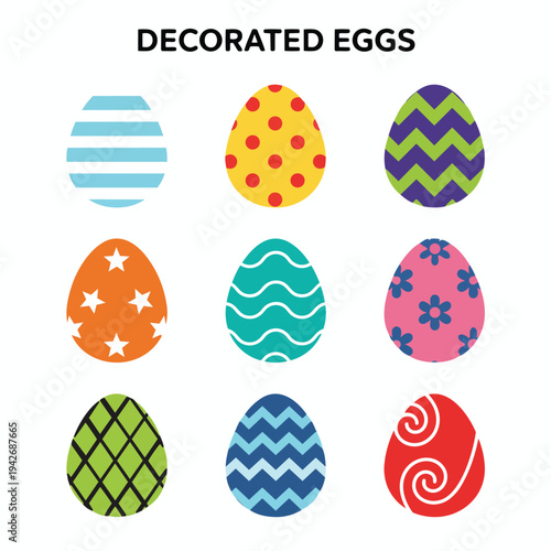 Set of nine decorated Easter eggs with various colorful patterns and designs for festive spring holiday celebration vector illustration