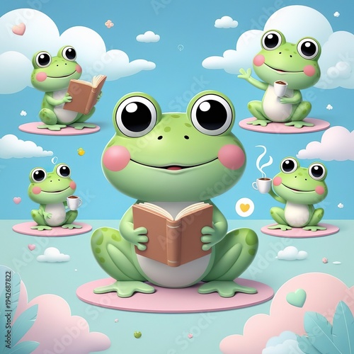 Cute Kawaii Frog Character Set Doing Everyday Activities