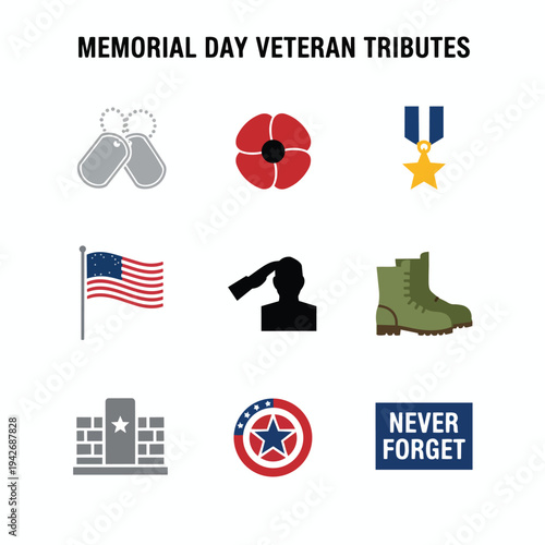 Memorial Day veteran tribute icon set featuring patriotic military symbols for remembrance and honor vector illustration