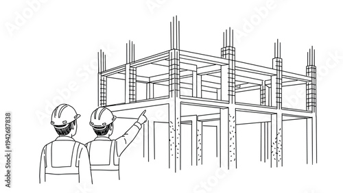 Architects discussing building construction in outline drawing