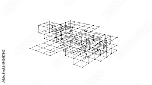 Abstract wireframe cube matrix with geometric grid design in 3d