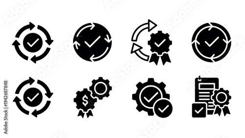 Set of quality assurance and efficiency icons with check marks and gear symbols