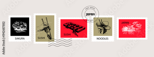 Japanese food hand drawn postage stamp background. Asian cuisine collage for menu, poster, branding. Vintage sketch sushi vector illustration.