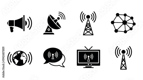Communication and technology icons: broadcast, network, and satellite symbols
