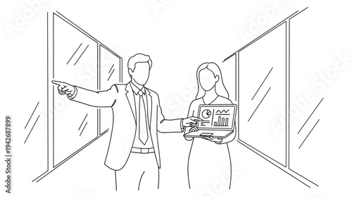 Business team discussing data in modern office line art