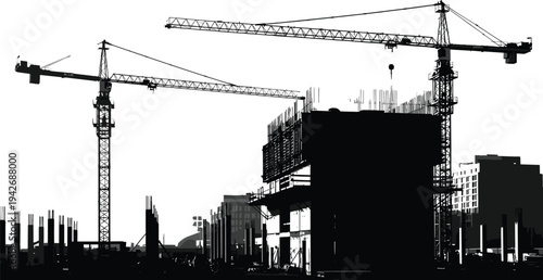 Construction site with tower cranes, urban building development, heavy machinery lifting materials,