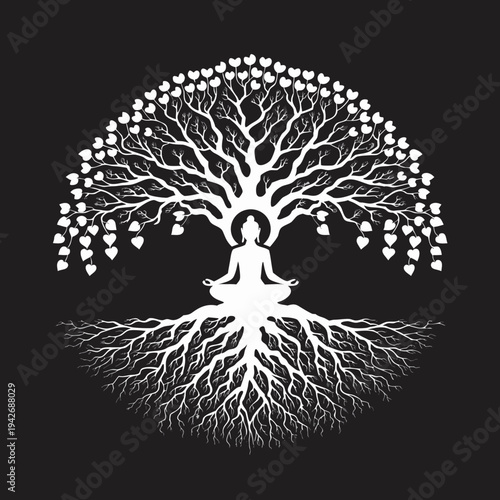 A person sitting in a lotus meditation pose (frequently associated with the Buddha) positioned at the base of the trunk.