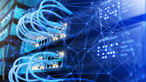 Network concept, Network switch and network cables in modern server room data center. 3d illustration