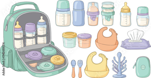 Travel Baby Feeding Kit Collection with Diaper Bag Bottles Thermos Food Containers Bib Spoon Tissue Box and Portable Infant Feeding Accessories Vector Set