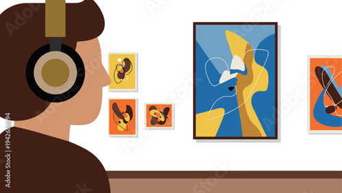 Modern art gallery abstract experience with headphone user