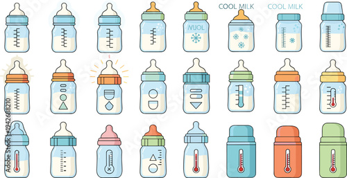 Baby Bottle Temperature and Measurement Icon Set with Warm Milk Cool Milk Indicators Thermometer Marks Feeding Levels and Infant Bottle Variations Vector Collection