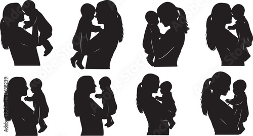 Silhouettes of mothers holding and kissing their little children