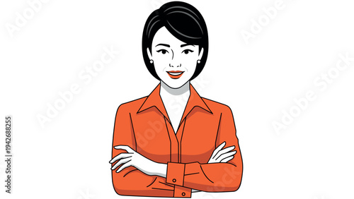 Confident professional woman in red blouse with crossed arms in minimalist style