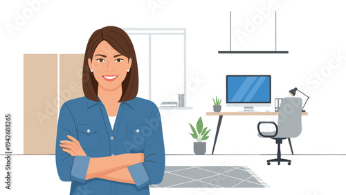 Professional woman in modern office setting with technology and plants