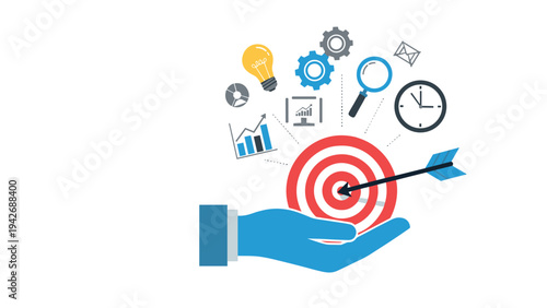 Business strategy concept with hand holding target and arrow surrounded by icons
