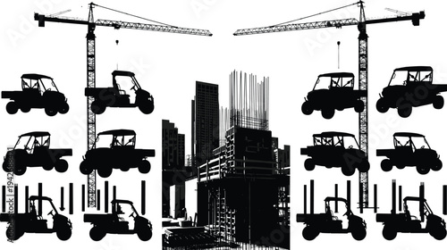Urban construction site with tower cranes, steel reinforcements, scaffolding structure, forklifts vehicles,