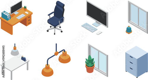 Isometric office furniture and workspace elements set with desk, chair, computer, lamp, window and cabinet for modern workplace interior
