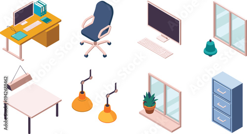 Isometric office furniture and workspace elements set with desk, chair, computer, lamps, window and cabinet for modern office interior