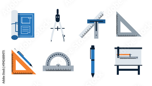 Architectural tools set: blueprint, compass, ruler, protractor, triangle in flat design