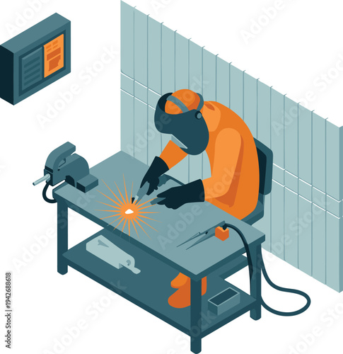 Isometric welder working with welding machine on metal table showing industrial welding process, metal fabrication and professional manufacturing work