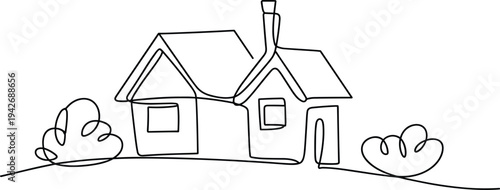 Simple Continuous Line Drawing of a House with Chimney and Bushes on White Background home building