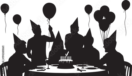 Joyful kids birthday party silhouettes vector set with balloons, cake, and festive hats. Happy children celebrating fun event graphic on white.
