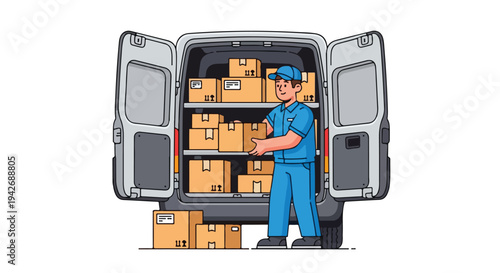 Delivery man standing beside an open van filled with many packages on a plain background.