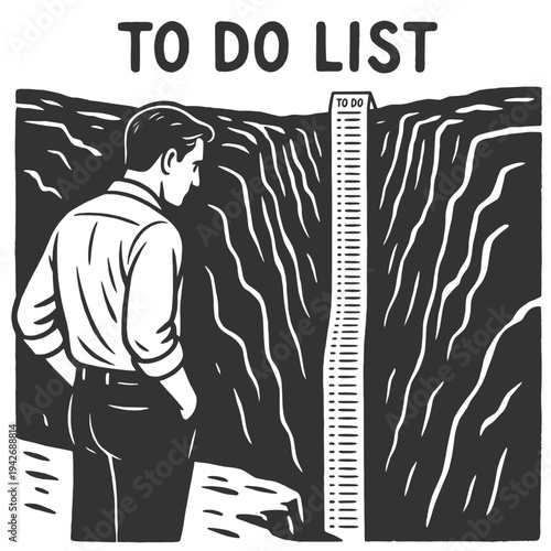 man looking at an endless to do list falling into a canyon, overwhelm, productivity pressure, and burnout sketch engraving generative ai fictional character vector illustration. Scratch board. 
