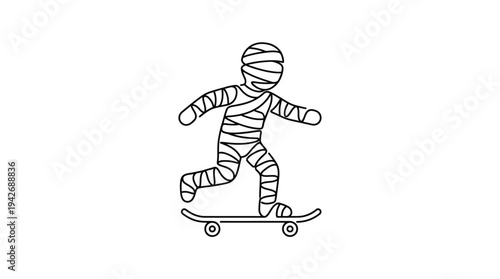 Mummy Riding Skateboard Continuous Single Line Minimalist Halloween Character Line Art Illustration