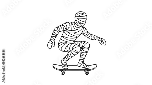 Mummy Riding Skateboard Continuous Single Line Minimalist Halloween Character Line Art Illustration