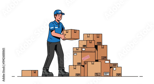 A delivery man in a blue uniform stacking many cardboard boxes on a flat surface against a white background.