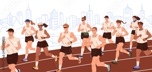 Joggers are running with cityscape sketch on background. Runners are jogging on track. Banner with marathon. Diverse people are rushing, athletes race in sports competition. Flat vector illustration