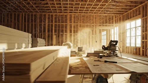 Sunlight illuminates construction site with wood framing and drywall stacks