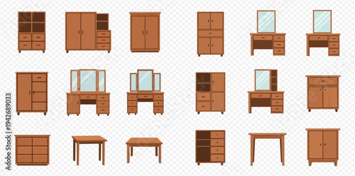 Set of wooden furniture pieces, including wardrobes, dressers, and tables, for home interior design.