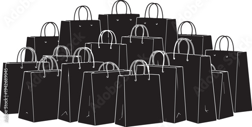 Collection of black shopping bags with white outlines arranged