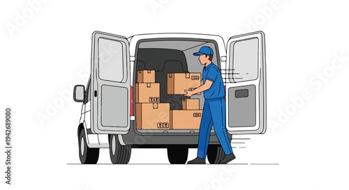 Delivery man in blue uniform unloading many cardboard boxes from a delivery van with open doors on a plain background.