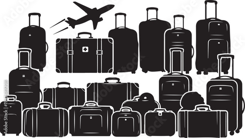 Collection of various luggage and suitcases with airplanes flying