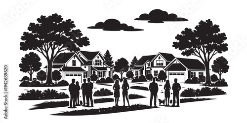 Suburb Community Street Scene Silhouette, Silhouette Vector, Isolated on White Background