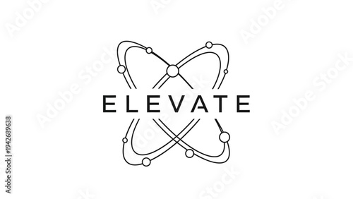 Elevate logo with atomic structure and orbiting particles.