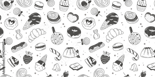Sweet pastries and candies seamless pattern. White background with hand drawn delicacies. Print with sweet food and desserts, vector graphics