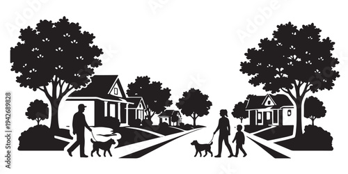 Suburban Morning Neighborhood Scene Silhouette, Silhouette Vector, Isolated on White Background