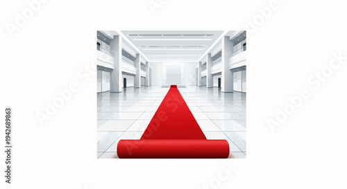 A grand hall with a red carpet leading into a bright, elegant space