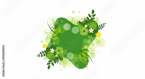 A green amorphous shape surrounded by lush green leaves and delicate yellow and white flowers