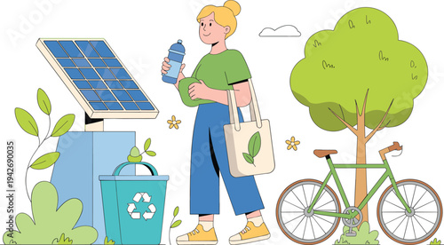 Woman holding reusable water bottle and tote bag with eco-friendly items solar panel recycling bin and bicycle