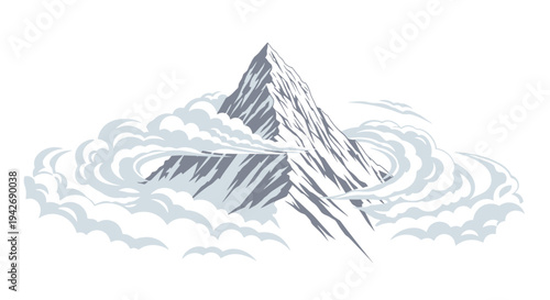 Majestic stylized sharp mountain peak emerges dramatically above swirling white and gray atmospheric clouds isolated on white