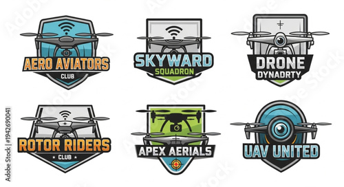 Collection of drone-themed emblems featuring various designs and typography, ideal for aviation or technology-related branding.